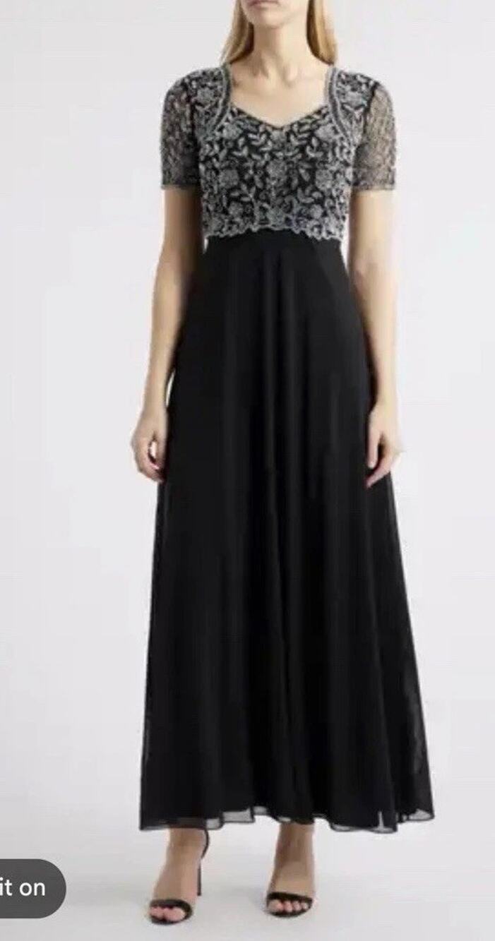 Pisarro Night Short Sleeve Long Beaded Gown Black Sz 10 NEW READ